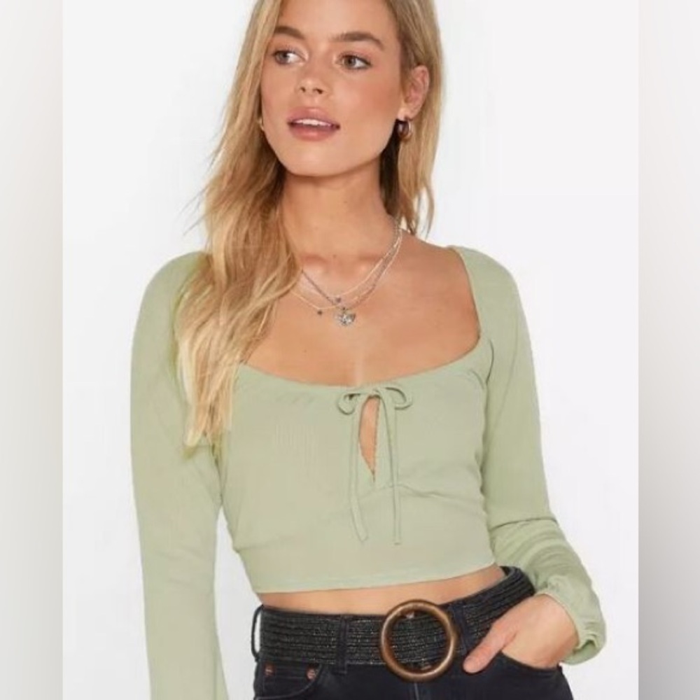 Nasty Gal Sweet On You Size 10 Long Sleeve Sage Crop Top